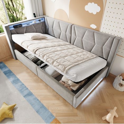 Bett 90x200 cm aus grauem Samt mit integriertem Stauraum, für Jugendzimmer, ohne Matratze – MEUBLIV (1/5)