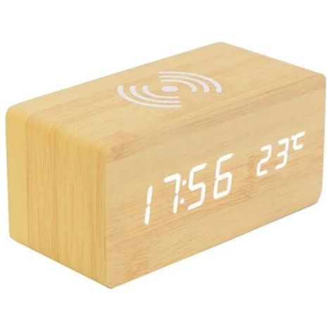 Réveil numérique en bois avec chargeur sans fil – Thermomètre intégré – Alarme LED – Compatible smartphones Qi – Pour chambre et bureau (1/5)
