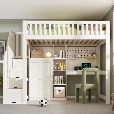 Lit mezzanine enfant en bois 90x200 cm avec bureau, armoire, étagères, prises USB/Type-C, blanc (1/5)