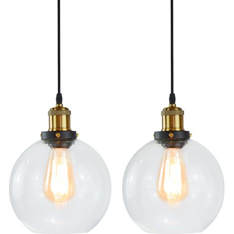 2PCS Suspension Luminaire D'Intérieur Industriel Lustre Rétro E27 Plafonnier En Verre Noir Pour Cuisine Salon Chambre Hôtel