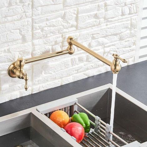 Robinet Cuisine Mural 2 Poignées Eau Froide Pivotant 360° Flexible Avec Douchette Extractible Design Moderne