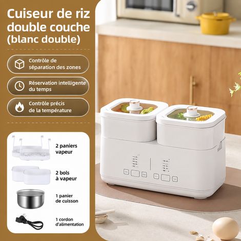 Cuiseur à œufs multifonction blanc ivoire - double couche avec bol vapeur, 31,5 × 18,5 × 22,7 cm, 1,6 kg. – Livraison gratuite
