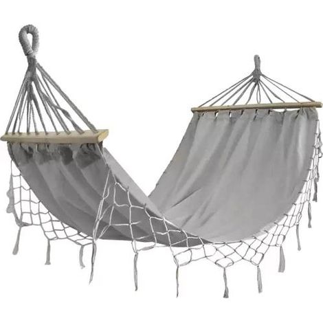 Hamaca black forest, gris con flecos, individual 200x100cm con soporte
