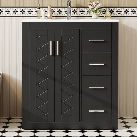 Waschbeckenunterschrank modern in Schwarz, MDF lackiert, mit Keramik-Waschbecken, 2 Türen und 3 Schubladen, 76 x 46,5 x 85,5 cm (1/5)
