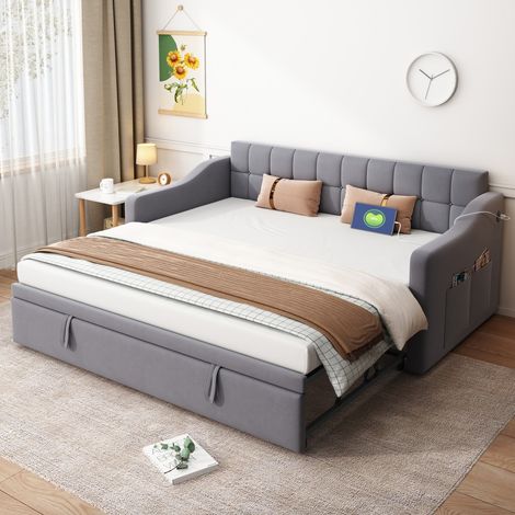 Canapé-lit rembourré 2-en-1, 90/180 cm, Lit simple velours gris. Avec prise électrique et sac de rangement intégré (sans Matelas) (1/5)