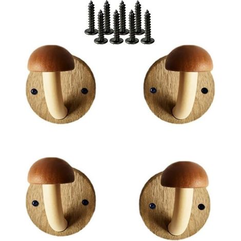 Crochets en bois en forme de champignon, lot de 4 avec vis, porte-serviettes muraux, bois massif, marron