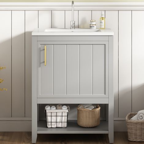 Mueble de lavabo 61x47x87 cm de MDF gris con almacenamiento para baño FLORAGRACE