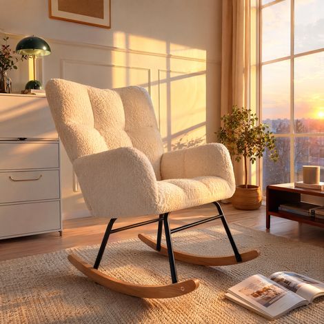 Fauteuil à Bascule, Chaise Allaitement en laine d'agneau, Fauteuil de salon rembourré, Rocking Chair pour Chambre d' Enfant Chambre à Coucher Salon Balcon, Beige Chaise Bascule (1/5)