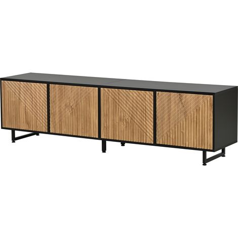 Meuble TV 180 x 40 x 50 cm pour salon, 4 portes, design de caisson thermoformé sous vide, adapté aux téléviseurs jusqu’à 80 pouces, bois naturel + noir
