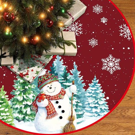 Jupe sapin Noël 122 cm, bonhomme neige rouge foncé flocons blancs, tapis polyester hiver (1/4)