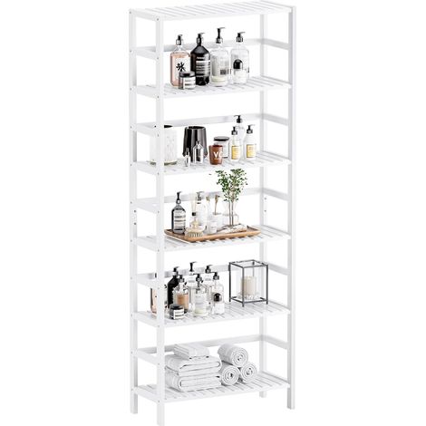 Bibliotheque 6 Niveaux, Etagere Salle de Bain Rangement Bambou avec Étagères Réglables, Support de Plantes Gain de Place, pour Salon, Bureau, Cuisine, Blanc (1/5)