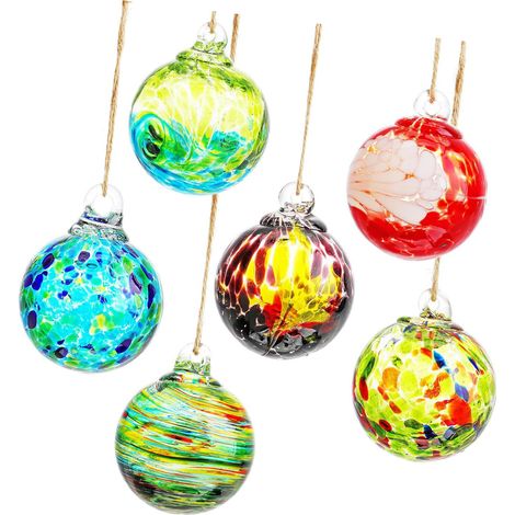 Lot de 6 sphères déco en verre artisanal soufflé main suspendues amitié Noël jardin terrasse fenêtre (1/4)