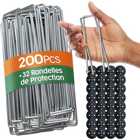 200 Agrafes De Jardin, Acier Galvanisé, 32 Rondelles, Pour Toile Et Gazon, Sol Dur (1/5)