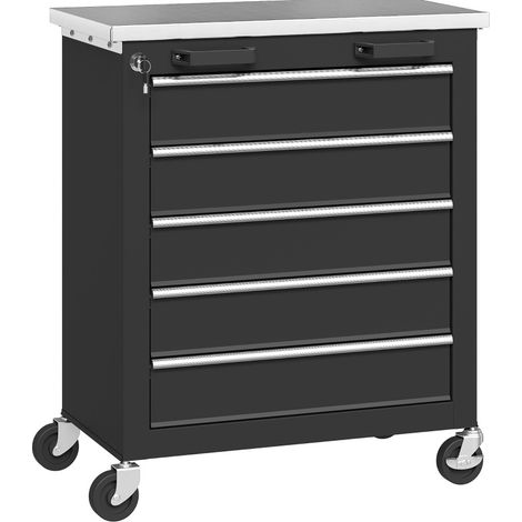Carro de herramientas con 5 cajones y ruedas, acero negro con encimera de acero inoxidable, HOMVRA (1/5)