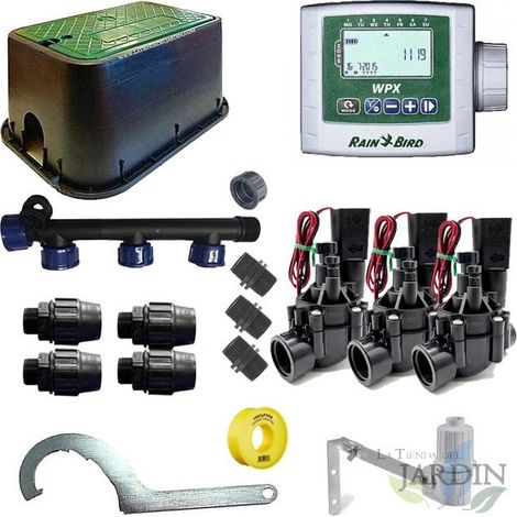 Kit Riego Automatico 3 zonas 9V Rain Bird para Tuberia 32mm Incluye Programador a Pilas, Electrovalvulas y Accesorios (1/3)