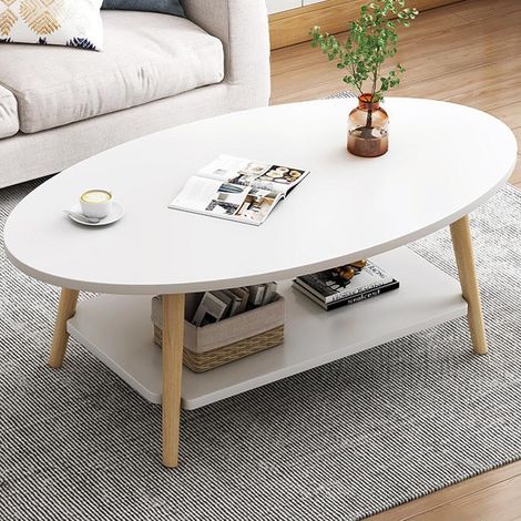 Table Basse Ovale Moderne Table,Double Couche en Bois avec étagère Épaisseur de la Planche 15 mm, Blanc End Table avec Pieds en pin pour Salon et Appartement(100x40x40) (1/5)