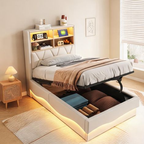 Cadre de lit beige en fer 221 x 93 x 131 cm (1/5)