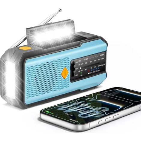 Radio d'Urgence Solaire avec Manivelle 2000mAh – Lampe LED, Alarme SOS et Batterie Externe, Résistante à l'Eau (Bleu) (1/5)