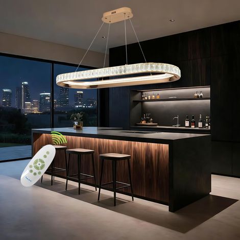 1 Lustre LED Cristal Doré Dimmable Télécommande 3000K-6000K Suspension Ajustable Salle À Manger Cuisine (1/5)