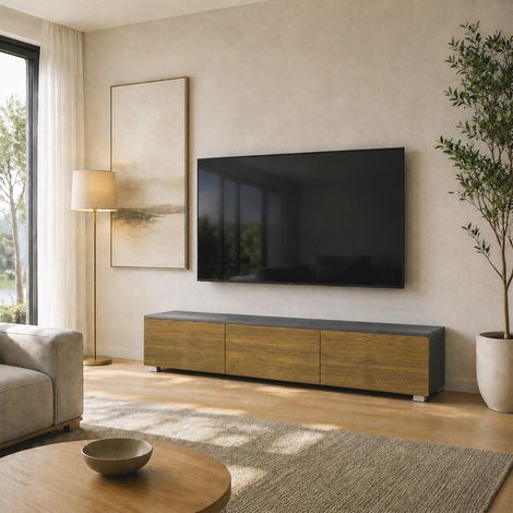 Meuble TV Suspendu ou sur Pied 160 cm pour Téléviseur 65 Pouces, Porte à fermeture, Passe-câbles, Noyer (1/5)