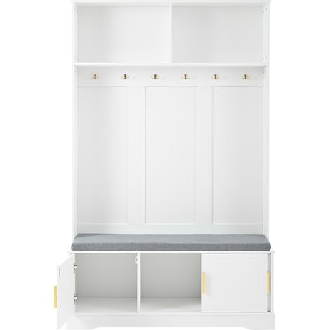 Appendiabiti da ingresso con panca portascarpe, 6 ganci tripli, bianco, 120x40x191 cm, MODENUIT (1/5)