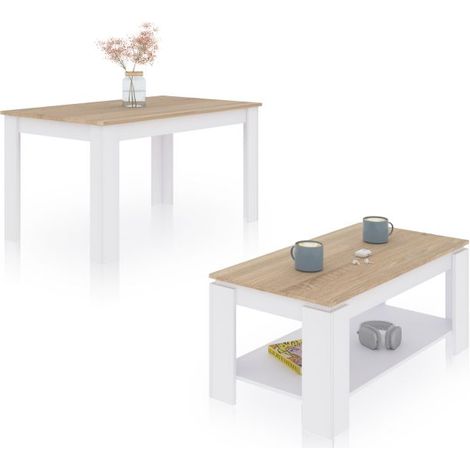 Pack mesa de comedor 123 y mesa de centro Lya Blanco Artik (Blanco Mate) - Roble Canadian 75cm (ancho) x 78cm (alto) (1/5)