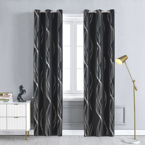 Rideau en polyester noir deux pièces, produit fini, tissu occultant argenté estampé à chaud de haute précision, convient aux balcons et aux chambres, 1,32 x 2.