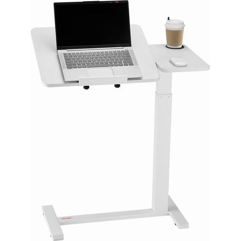 Table de lit mobile, table d'appoint avec plateau rabattable et 4 roulettes dissimulées, bureau d'ordinateur portable réglable en hauteur avec porte-gobelet, pour maison, bureau et études, blanc (1/5)