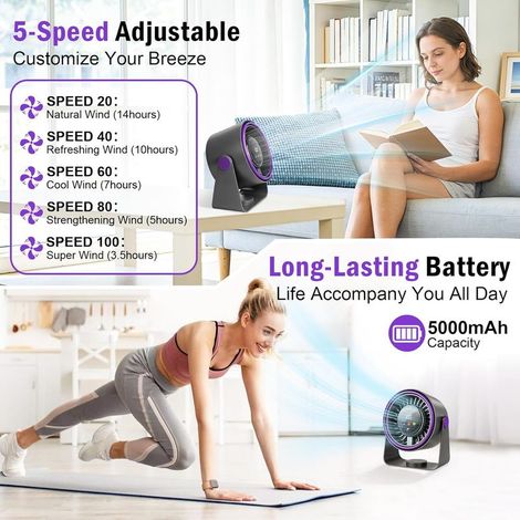Leiser Tischventilator, Schreibtischventilator, USB-Miniventilator, 3-in-1-Ventilator, 5000-mAh-Akku, 5 einstellbare Windgeschwindigkeiten, 360°-Drehung, für Zuhause, Büro, Camping und Outdoor-Aktivit (1/4)