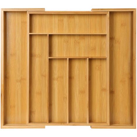 Organisateur de couverts en bambou 40 x 50 x 5 cm – 6 compartiments rétractables – Rangement efficace pour cuisine et bureau (1/5)