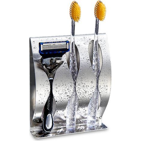 Porte-brosse à dents 3 emplacements avec rangement rasoir, support mural inox pour salle de bain (1/5)