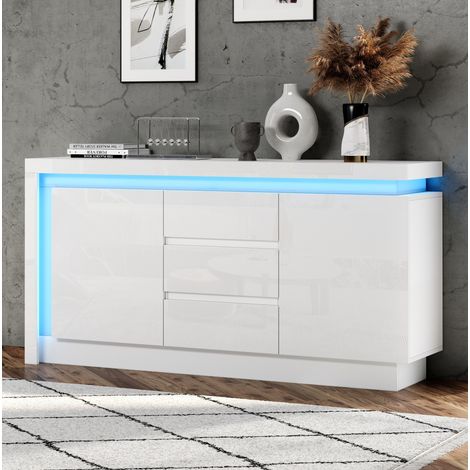 Buffet 140x35x72 cm en panneaux de bois blanc, avec rangement pour salon FloraGrace (1/5)