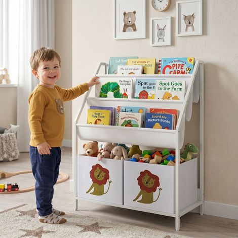 Bibliothèque pour Enfants à 4 Niveaux, Étagère à Livres pour Enfants avec Porte-Livres et Tiroir en Tissu, Blanc (1/5)