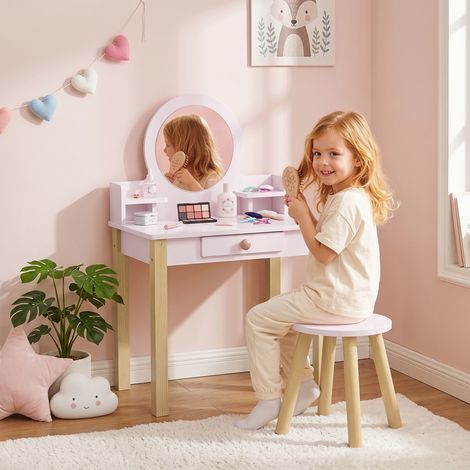 Coffret Maquillage Enfant Fille avec Tabouret, Miroir et Tiroir en Bois, Rose, Jeu de Rôle 3-6 Ans (1/5)