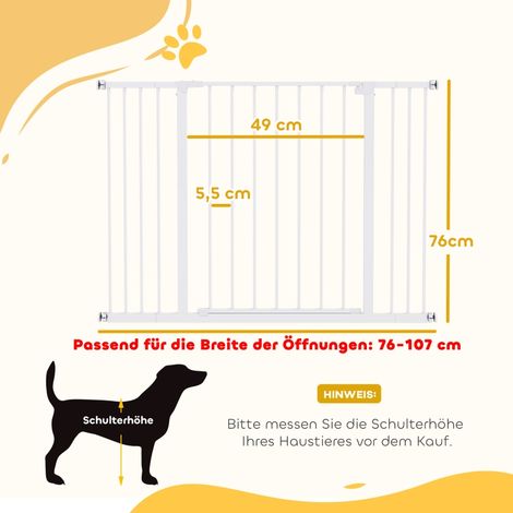Barrière de porte escalier animaux métal blanc 76-107x76cm fixation par serrage sans perçage, grille de sécurité anti-évasion pour chiens chats dans la maison (1/5)