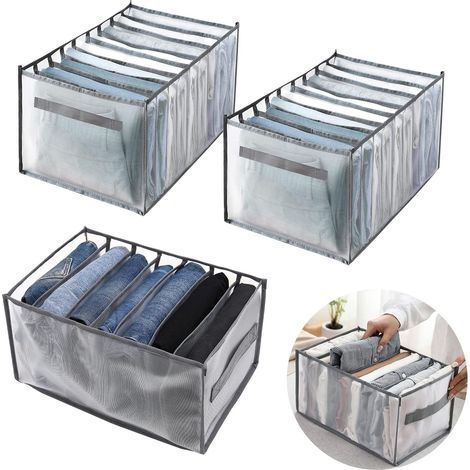 3-teiliger Kleiderschrank-Organizer, Jeans-Aufbewahrungsbox, Aufbewahrungsbox mit Schubladeneinteilung aus Netzgewebe, Hemden-Aufbewahrungsbox (7, 9, 9 Fächer, Grau) (1/5)