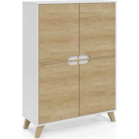 Idmarket – Armoire scandinave 4 portes HELSINKI – Dimensions 80x30x110cm – Panneau de particules bois blanc et bois – Design épuré et moderne