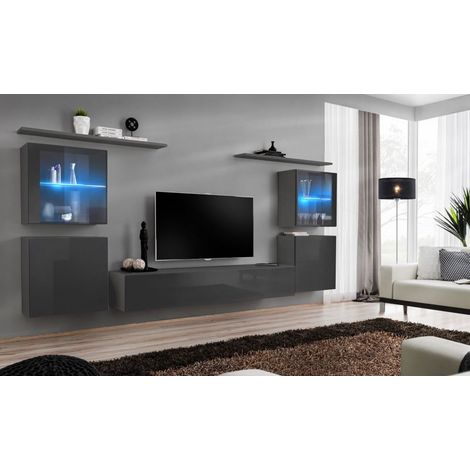 Ensemble mural - Switch XIV - 4 vitrines - 1 banc TV - 2 étagères - Graphite - Livraison gratuite