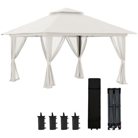 Faltpavillon, höhenverstellbar, 4 Netzwände, Lüftungsdach, Tragetasche, Schnellaufbau, 4 x 4 x 3 m, Cremeweiß