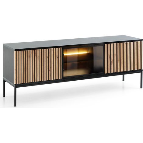 TV-Schrank 154 cm Haller - TV-Tisch mit Lamellen, TV-Lowboard - LED-Beleuchtung - Loft Stil (Wotan Eiche / Schwarz) (1/5)