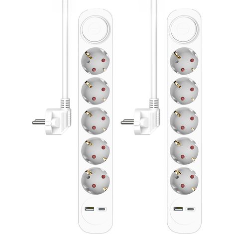 2er Set USB Steckdosenleiste 5 fach mit 2-poligem Schalter, Kindersicherung Weiß