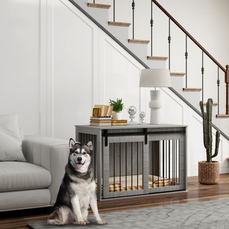 Verriegelbarer Indoor-Hundezwinger mit Schiebetür, 98 x 58 x 61 cm, grau OKMYHOME (1/5)