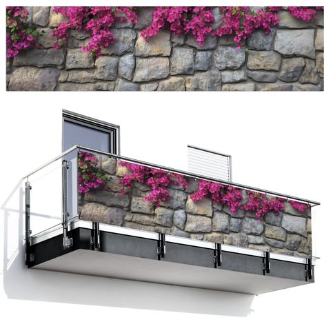 Balcony Privacy Banner Bougainvillea - Stone Wall - Pink 300x80 cm