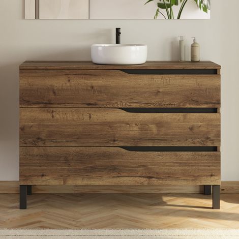 Meuble de salle de bain 120 avec plateau et vasque à poser - sans miroir - 3 tiroirs - tabaco (bois foncé) - MATA (1/4)