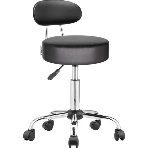 CASARIA® Tabouret à roulettes avec dossier confortable pivotable 360° réglable en hauteur avec repose-pieds bureau-Noir