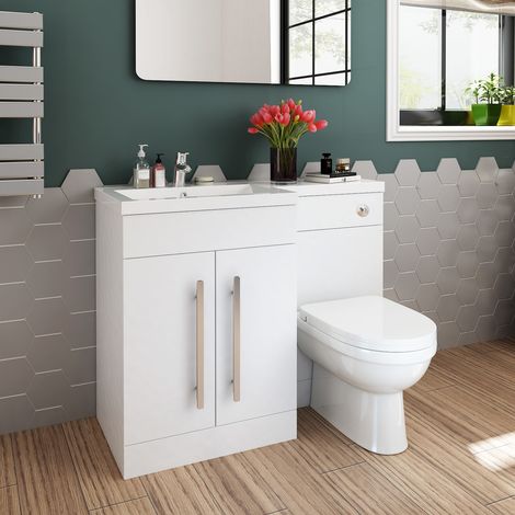 ELEGANT 1100mm L Shape Bathroom Vanity Sink Unit Furniture Storage,Left Hand High Gloss White Vanity unit + Basin + Ceramic D shaped Toilet with Concealed Cistern (1/5)
