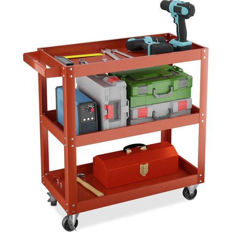 Relaxdays Werkstattwagen, Werkzeugwagen mit 3 Ebenen, mobiler Montagewagen, bis 100 kg belastbar, HBT: 76x78x35 cm, rot