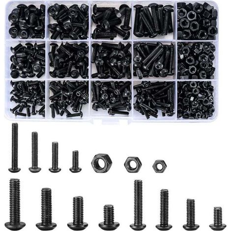 500 Pièces Vis Boulons et écrous, M3/M4/M5 Vis à Six Pans Creux, Vis Bouton avec écrou à Tête Hexagonale Assortiment Kit - Noir (1/4)