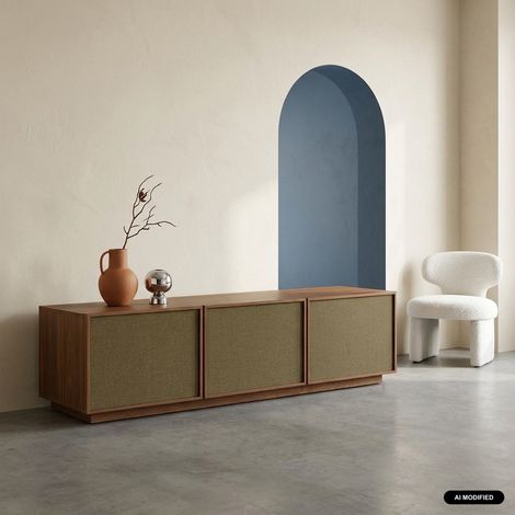Meuble TV décor bois et tissu 3 portes 180cm noyer - Kuba (1/5)
