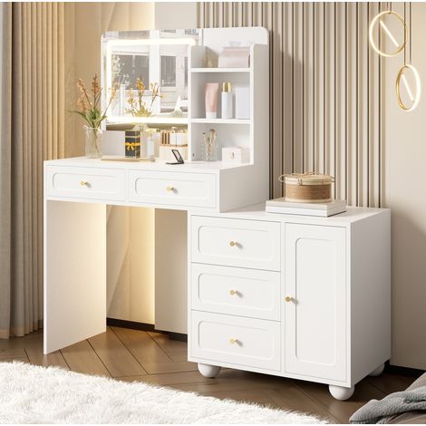Tocador 80x39.8x127 cm blanco en MDF y bambú con espejo LED, 5 cajones, puerta y estantes (1/5)